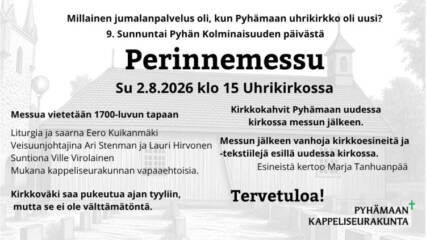 Perinnemessu 2.8.2026 Pyhämaan uhrikirkossa