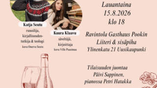 Viiniä ja Virsiä illan mainoskuva, mainoksessa vierailevien esiintyjien promokuvat Katja Seutu ja Kuura Klaavu, sekä infotekstiä liittyen tapahtumaan