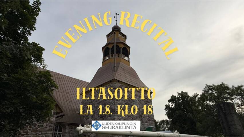 Iltasoiton 1.8 la klo 18 mainoskuva, kuva Uudenkaupungin Vanhan kirkon tornista kesäiltana
