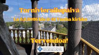 Tornivierailupäivän mainoskuva, kuva Uudenkaupungin Vanhan kirkon tornista, näkymä aukeaa itään ja pohjoiseen päin kaupungille