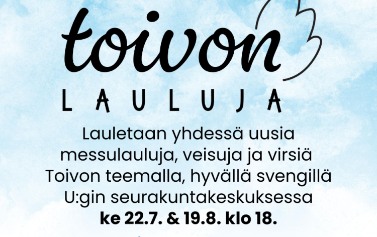 Toivon lauluja -logo, taustalla sininen taivas ja valkoisia pilvenhattaroita.