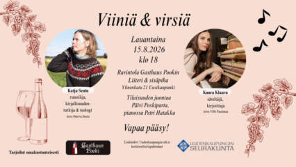 Viiniä ja Virsiä illan mainoskuva esittelyteksteineen, mukana myös kuvat illan esiintyjistä (Kaja Seutu & Kuura Klaavu).