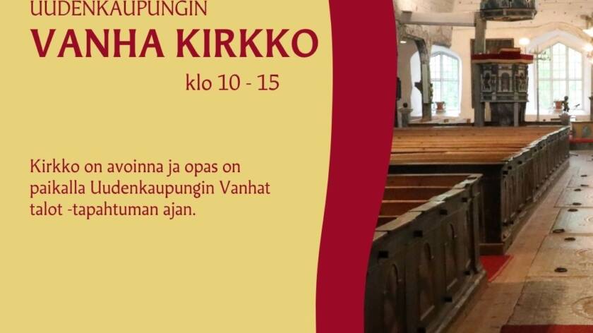 Avoimet ovet tapahtuman mainoskuva, kuvituksessa näkyy vähän Uudenkaupungin Vanhaa kirkkoa sisältä päin, ja toisella puolella minaosta on olleelliset tiedot, milloin 5.-6.9.2026 klo 10-15
