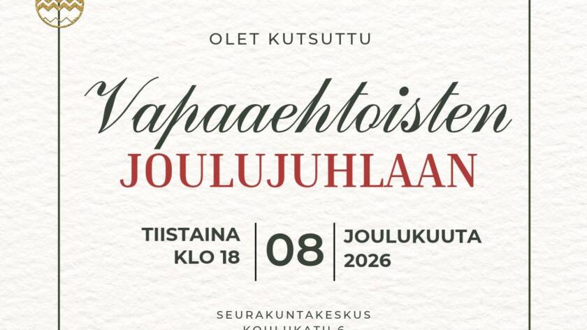 Vapaaehtoisten joulujuhlan kiitoskutsun kuva.